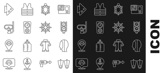 Set line Rubber flippers, Diving hood, Gauge scale, Turtle, mask and snorkel, Fish and Ship steering wheel icon. Vector