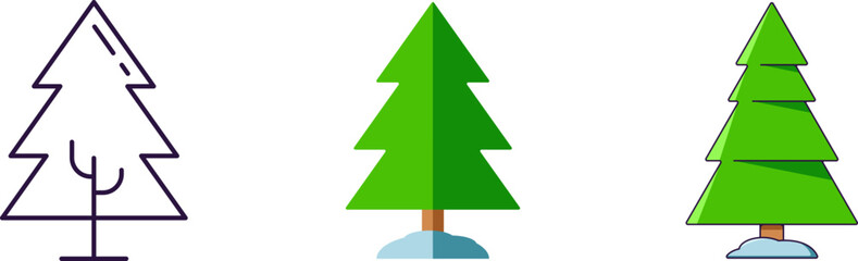 Merry Christmas and Happy New Year concept. Collection of icon of tree in line, flat and cartoon styles for web sites, adverts, articles, shops, stores