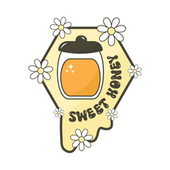 Vector illustration honeycomb with bee and jar of honey Sweet honey. Jar of honey with flower daisy. Honey flat design trendy and modern apiary. Honey logo