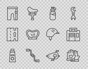 Set line Sunscreen cream in tube, Gloves, Sport bottle with water, Bicycle pedals, Cycling shorts, punctured tire, and repair service icon. Vector