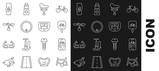 Set line Bicycle frame, rental mobile app, parking, seat, wheel, handlebar, Plaster on leg and Gps device with map icon. Vector