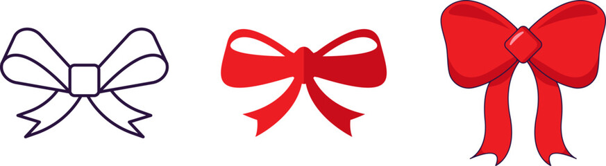 Merry Christmas and Happy New Year concept. Collection of icon of bow in line, flat and cartoon styles for web sites, adverts, articles, shops, stores