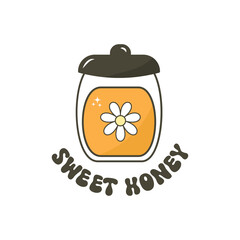 Vector illustration honeycomb with bee and inscription Sweet honey. Jar of honey with flower daisy. Honey flat design trendy and modern	
