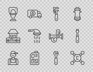 Set line Plumber, Water tap, Pipe adjustable wrench, Drain cleaner bottle, Toilet bowl, Shower, Wrench spanner and Screwdriver icon. Vector