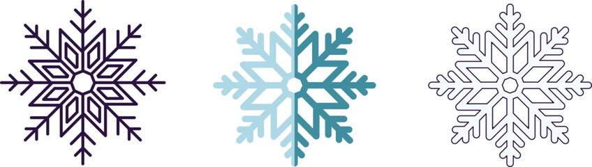 Merry Christmas and Happy New Year concept. Collection of icon of snowflake in line, flat and cartoon styles for web sites, adverts, articles, shops, stores