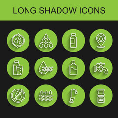 Set line Water drop forbidden, Waves of water and evaporation, Recycle clean aqua, tap, cooler, and Big bottle with icon. Vector