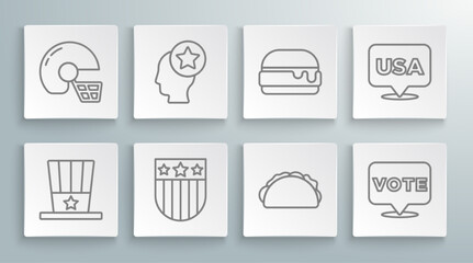 Set line Patriotic American top hat, USA Head, Shield with stars, Taco tortilla, Vote, Burger, Independence day and football helmet icon. Vector