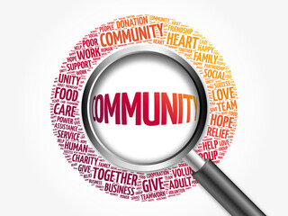 Community word cloud with magnifying glass, business concept 3D illustration