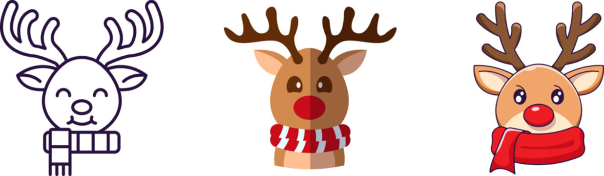 Merry Christmas and Happy New Year concept. Collection of icon of deer in line, flat and cartoon styles for web sites, adverts, articles, shops, stores