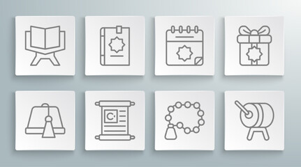 Set line Turkish hat, Holy book of Koran, Rosary beads religion, Ramadan drum, calendar, Gift box and icon. Vector