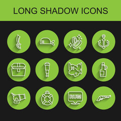 Fototapeta premium Set line Cannon, Lifebuoy, Pirate sword, Alcohol drink Rum, Vintage pistol, Spyglass telescope lens, and treasure map icon. Vector