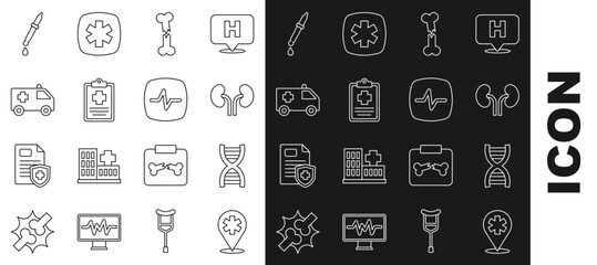 Set line Location hospital, DNA symbol, Human kidneys, broken bone, Patient record, Ambulance car, Pipette and Heart rate icon. Vector