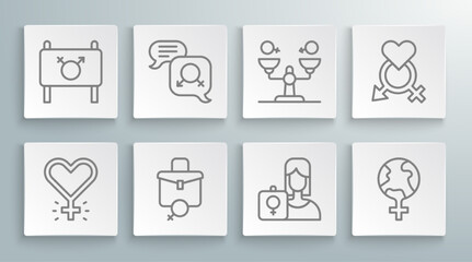 Set line Feminism, Gender equality, Work for female, Feminist activist, the world, and icon. Vector