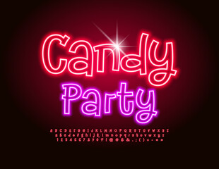 Vector neon Emblem Candy Party. Red Glowing Font. Funny handwritten  Alphabet Letters and Numbers set