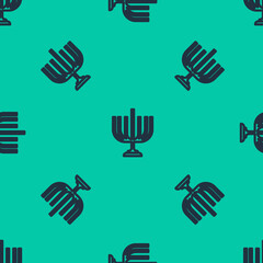 Blue line Hanukkah menorah icon isolated seamless pattern on green background. Hanukkah traditional symbol. Holiday religion, jewish festival of Lights. Vector