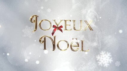 Joyeux noël - golden inscription with a flying red bow coming in circulation on a white background and falling snow - Powered by Adobe