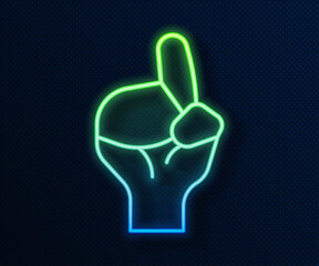 Glowing neon line Hands in praying position icon isolated on blue background. Praying hand islam muslim religion spirituality religious. Vector