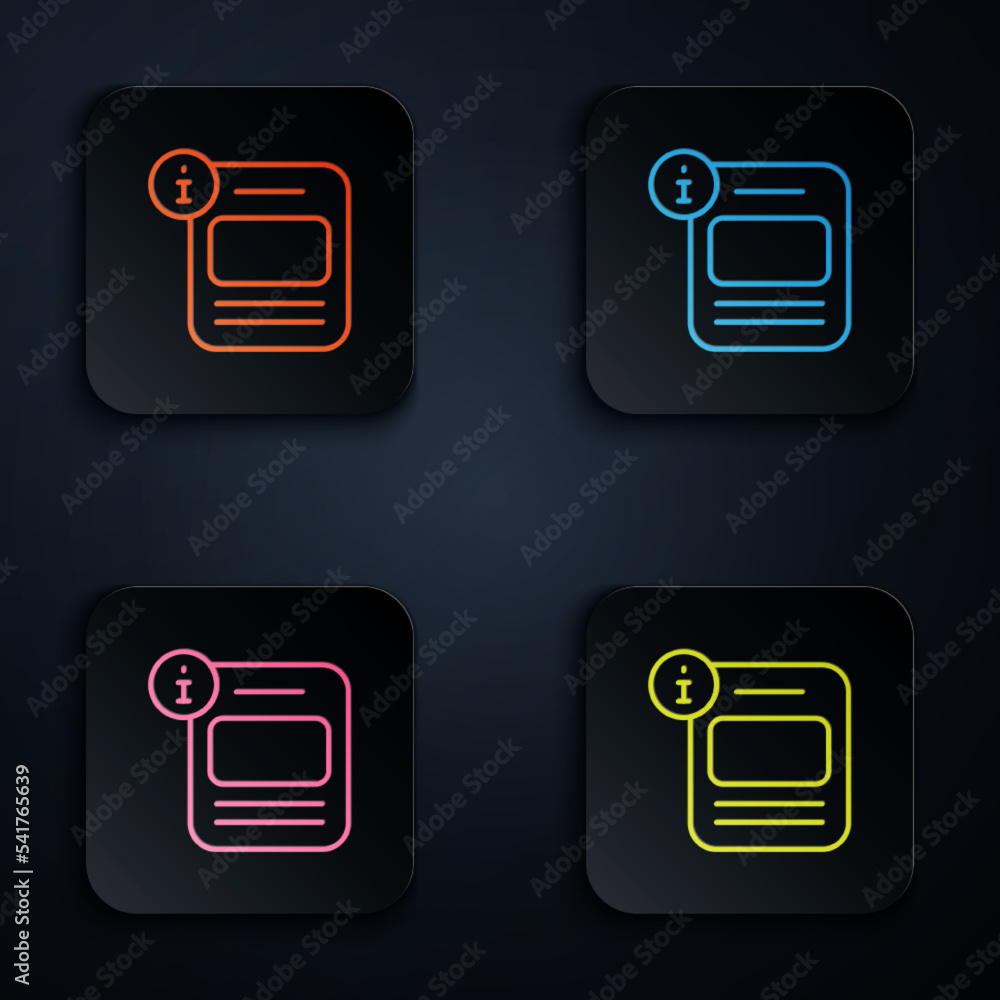 Poster color neon line information icon isolated on black background. set icons in square buttons. vector