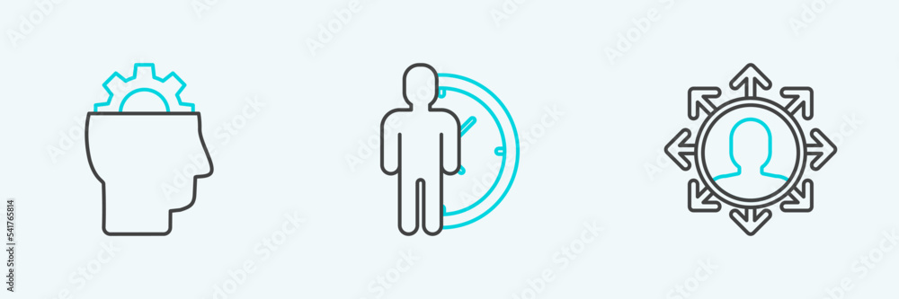 Poster set line project team base, human with gear inside and time management icon. vector