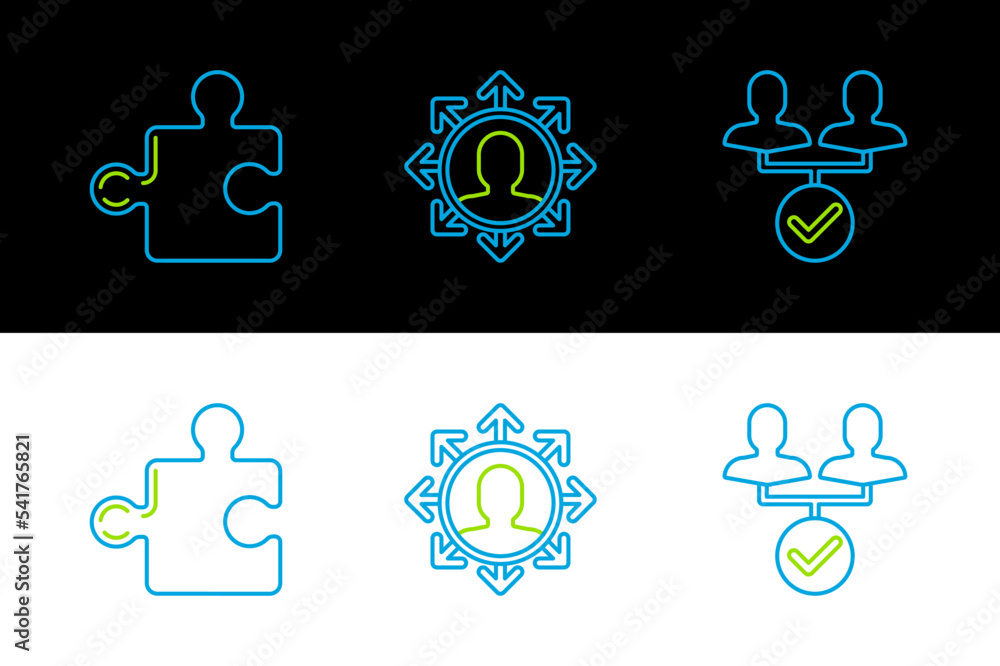 Poster set line project team base, piece of puzzle and icon. vector