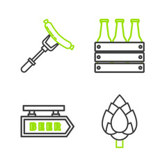 Set line Hop, Street signboard with inscription Beer, Pack of beer bottles and Sausage the fork icon. Vector