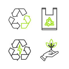 Obraz premium Set line Plant in hand of environmental protection, Battery with recycle symbol, Plastic bag and Recycle icon. Vector