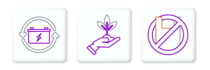 Obraz premium Set line Say no to plastic bags poster, Battery with recycle symbol and Plant in hand of environmental protection icon. Vector