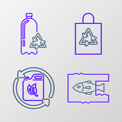 Fototapeta premium Set line Stop ocean plastic pollution, Bio fuel canister, Plastic bag with recycle and Recycling bottle icon. Vector