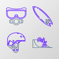 Set line Bicycle on street ramp, Helmet, Surfboard and Diving mask icon. Vector