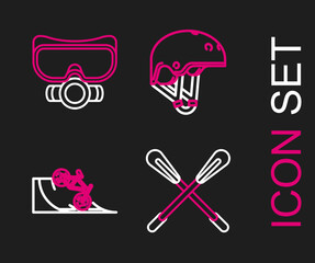 Set line Crossed paddle, Bicycle on street ramp, Helmet and Diving mask icon. Vector