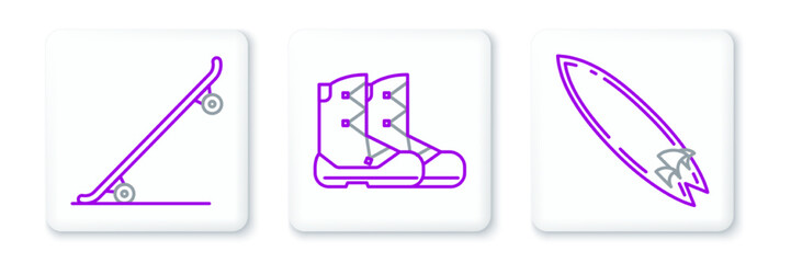 Set line Surfboard, Skateboard and Boots icon. Vector
