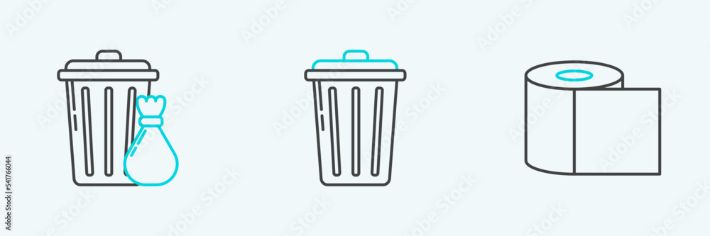 Poster set line toilet paper roll, trash can and garbage bag and icon. vector