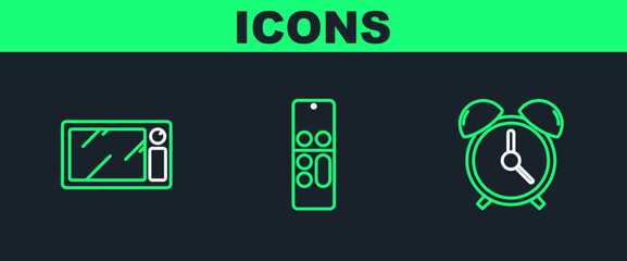 Set line Alarm clock, Microwave oven and Remote control icon. Vector