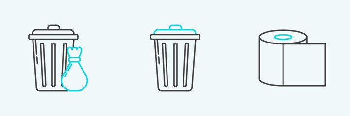 Set line Toilet paper roll, Trash can and garbage bag and icon. Vector