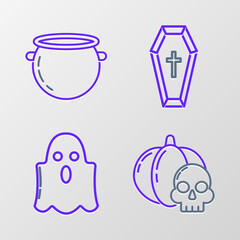 Set line Pumpkin and skull, Ghost, Coffin with christian cross and Halloween witch cauldron icon. Vector