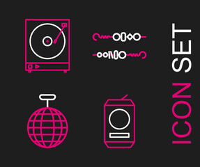 Set line Beer can, Disco ball, Grilled shish kebab and Vinyl player with vinyl disk icon. Vector