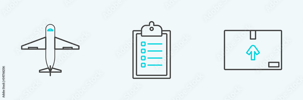 Poster set line cardboard box with traffic symbol, plane and verification of delivery list clipboard icon. 