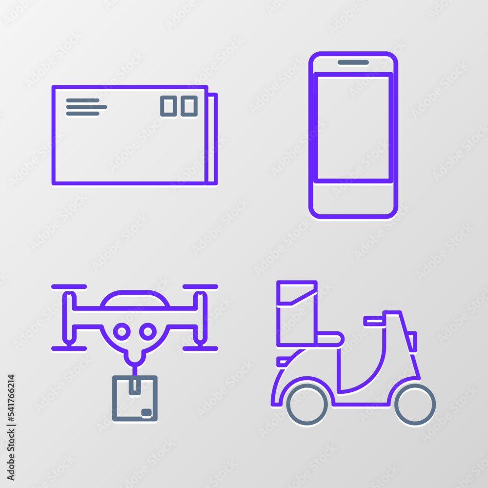 Poster set line scooter delivery, delivery drone with the package, mobile phone app tracking and envelope i