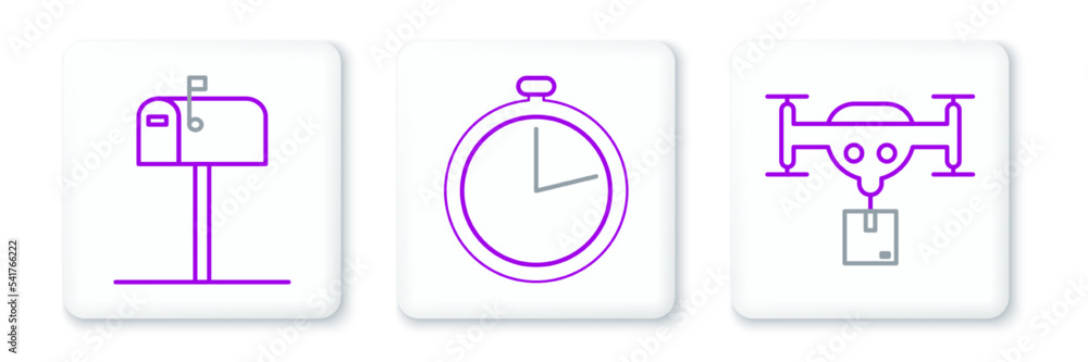 Poster set line delivery drone with the package, open mail box and stopwatch icon. vector