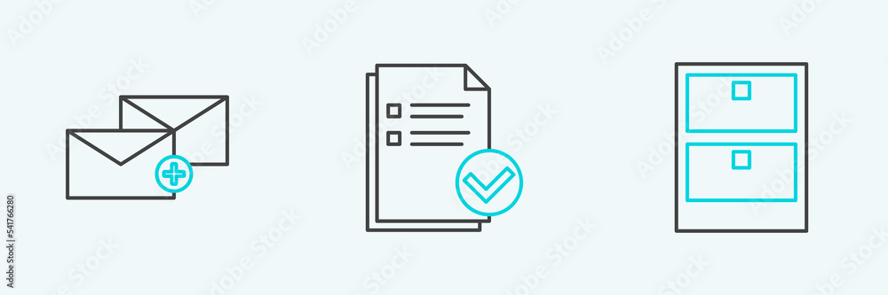 Poster set line archive papers drawer, envelope and document and check mark icon. vector