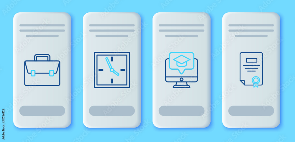 Poster set line clock, monitor with graduation cap, briefcase and certificate template icon. vector