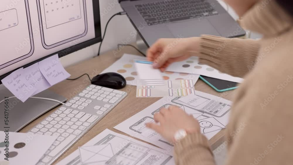 Poster ux design, mobile app and woman hands planning user screen for software development, graphic design 