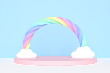 Arch of spiral pastel rainbow and white cloud over pink product display stand on blue background, 3D rendering. For kid, girly product show or baby shower concept.