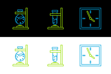 Set line Clock, Glass test tube flask on fire and icon. Vector