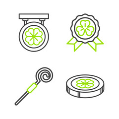 Set line Gold coin with four leaf clover, Walking stick, Medal and Street signboard icon. Vector