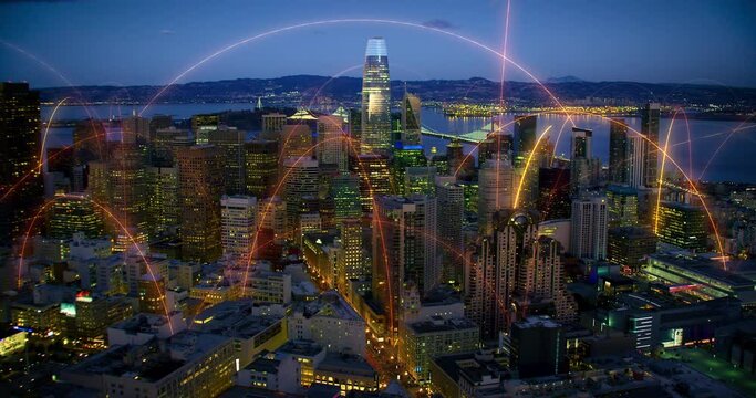 Futuristic Aerial View of San Francisco Connected By orange Lines. Holographic Arches. Representing Concepts As: Smart City, IOT, AI, Cloud Computing, Wireless Technology. Shot In 8K.