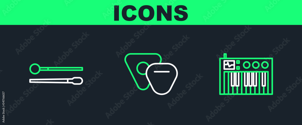 Poster set line music synthesizer, drum sticks and guitar pick icon. vector