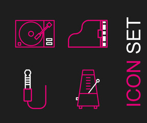 Set line Metronome with pendulum in motion, Audio jack, Grand piano and Vinyl player vinyl disk icon. Vector