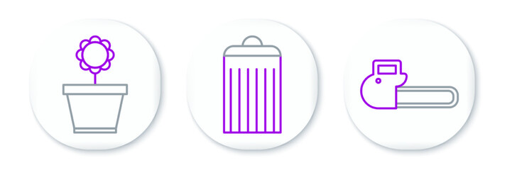 Set line Chainsaw, Flower pot and Trash can icon. Vector