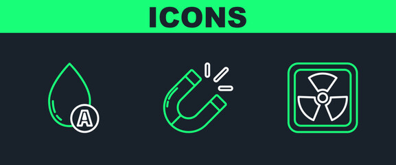 Set line Radioactive, Water drop and Magnet icon. Vector